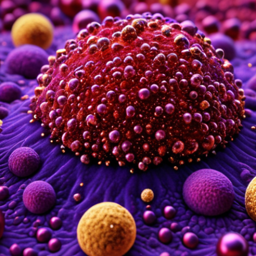 A microscopic view of nanogold particles, showcasing their vibrant red and purple colors, with advanced microscopy techniques highlighting the unique properties at the nanoscale.